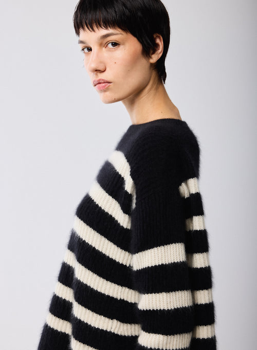 Jersey Negro / Beige Cuello Redondo Mangas Largas en Lana / Zorro / Poliamida - MAJESTIC FILATURES