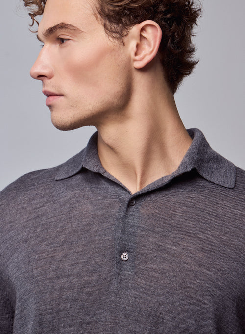 Graues Poloshirt Langarm-Poloshirt aus Merinowolle - MAJESTIC FILATURES