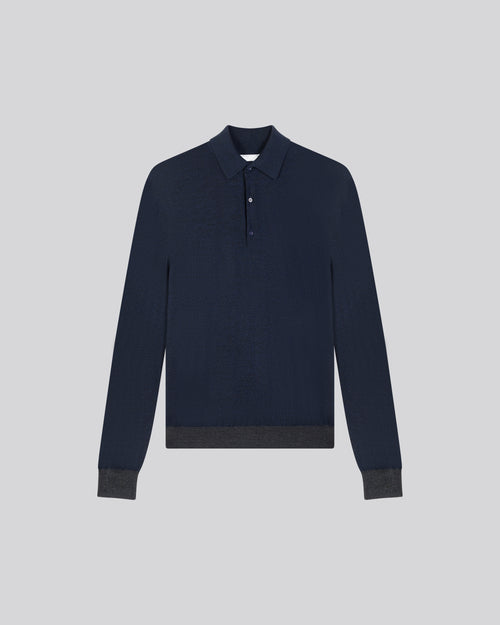 Navy Polo Polo Long Sleeve Merino Wool - MAJESTIC FILATURES