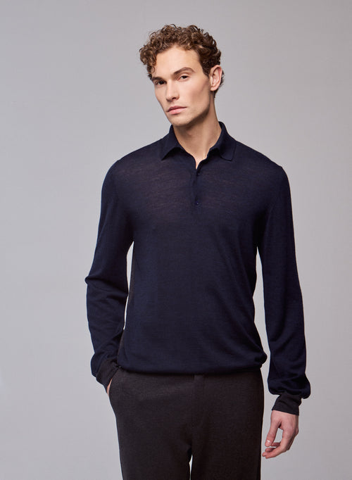 Navy Polo Polo Long Sleeve Merino Wool - MAJESTIC FILATURES