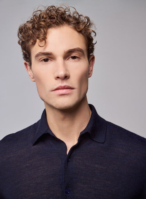 Navy Polo Polo Long Sleeve Merino Wool - MAJESTIC FILATURES