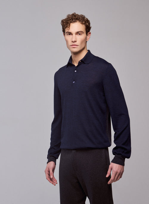 Navy Polo Polo Long Sleeve Merino Wool - MAJESTIC FILATURES