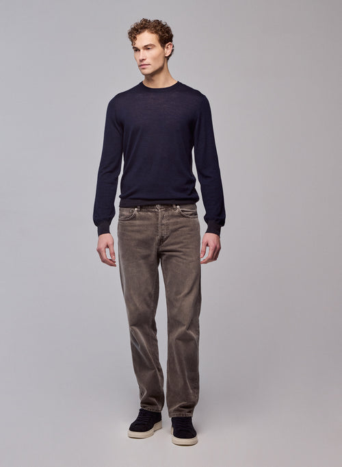 Navy Long Sleeve Round Neck Sweater in Merino Wool - MAJESTIC FILATURES
