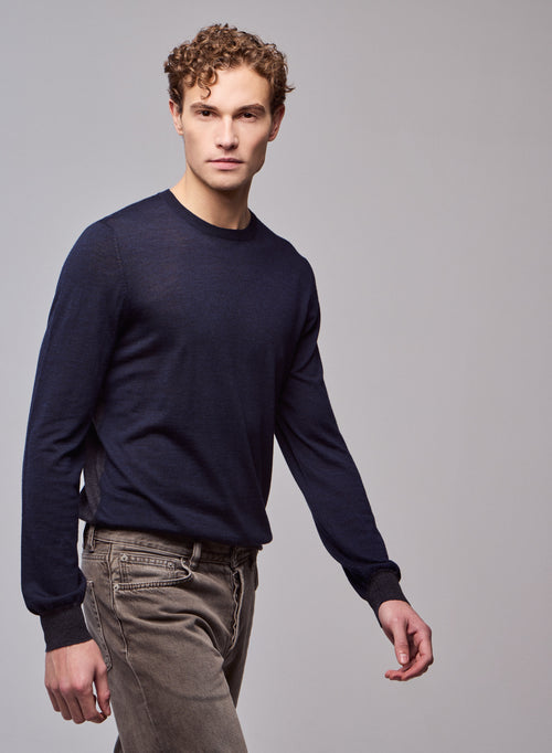 Navy Long Sleeve Round Neck Sweater in Merino Wool - MAJESTIC FILATURES