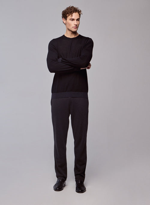 Black / Grey Long Sleeve Round Neck Sweater in Merino Wool - MAJESTIC FILATURES