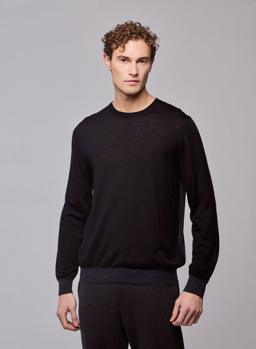 Black / Grey Long Sleeve Round Neck Sweater in Merino Wool - MAJESTIC FILATURES