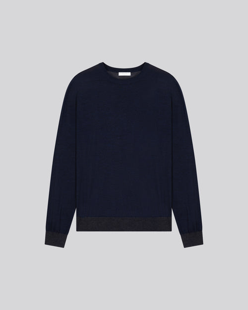 Navy Long Sleeve Round Neck Sweater in Merino Wool - MAJESTIC FILATURES