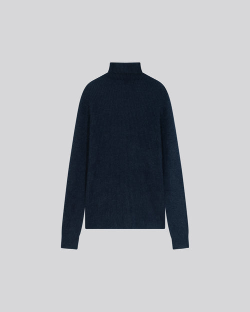 Marineblauer Rollkragenpullover mit langen Ärmeln aus Wolle / Fuchs / Polyamid - MAJESTIC FILATURES