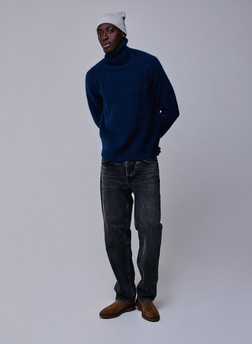 Marineblauer Rollkragenpullover mit langen Ärmeln aus Wolle / Fuchs / Polyamid - MAJESTIC FILATURES