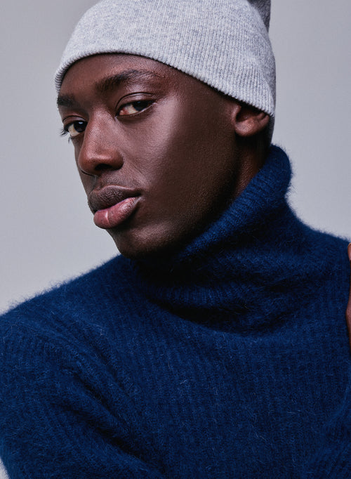 Marineblauer Rollkragenpullover mit langen Ärmeln aus Wolle / Fuchs / Polyamid - MAJESTIC FILATURES