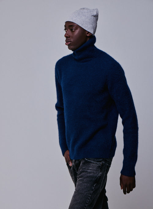 Marineblauer Rollkragenpullover mit langen Ärmeln aus Wolle / Fuchs / Polyamid - MAJESTIC FILATURES