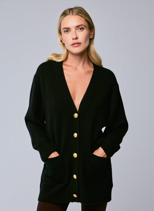 Black V-neck sweater with long sleeves in wool / cashmere - MAJESTIC FILATURES