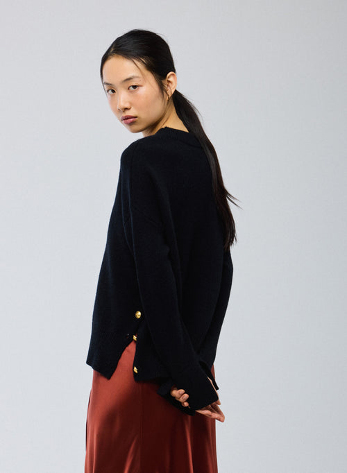 Pullover Schwarz Rundhals Lange Ärmel aus Wolle / Kaschmir - MAJESTIC FILATURES