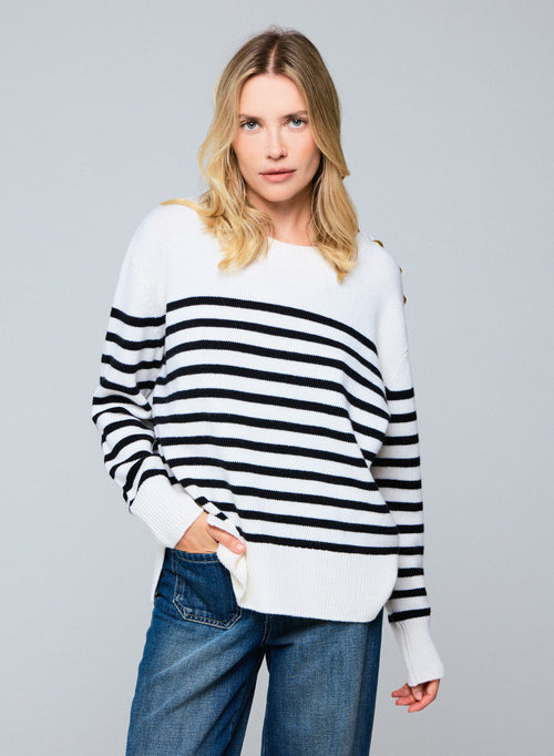 Beige / Negro Suéter de lana / cachemira de manga larga con cuello redondo - MAJESTIC FILATURES