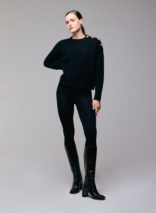 Black round neck sweater with long sleeves in wool / cashmere - MAJESTIC FILATURES