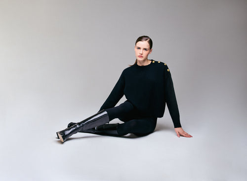 Black round neck sweater with long sleeves in wool / cashmere - MAJESTIC FILATURES