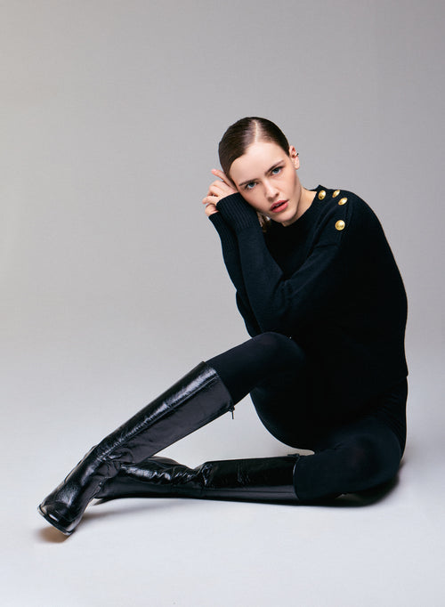 Black round neck sweater with long sleeves in wool / cashmere - MAJESTIC FILATURES