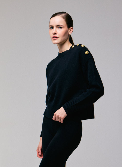 Pull Noir Col Rond Manches Longues en Laine / Cachemire - MAJESTIC FILATURES