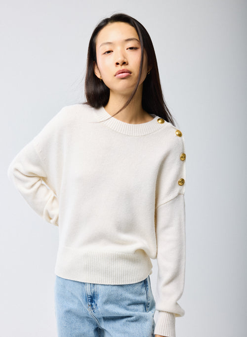 Blanco Jersey Cuello Redondo Mangas Largas Lana Cachemira - MAJESTIC FILATURES