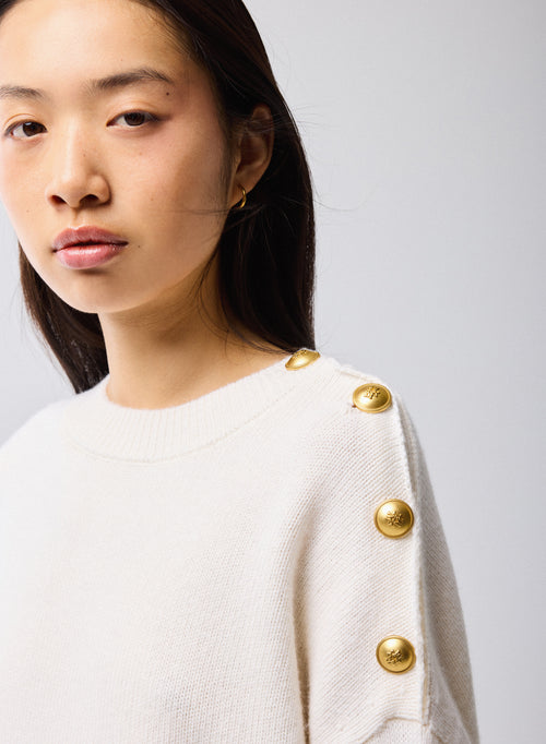 Blanco Jersey Cuello Redondo Mangas Largas Lana Cachemira - MAJESTIC FILATURES