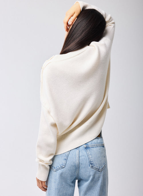 Blanco Jersey Cuello Redondo Mangas Largas Lana Cachemira - MAJESTIC FILATURES