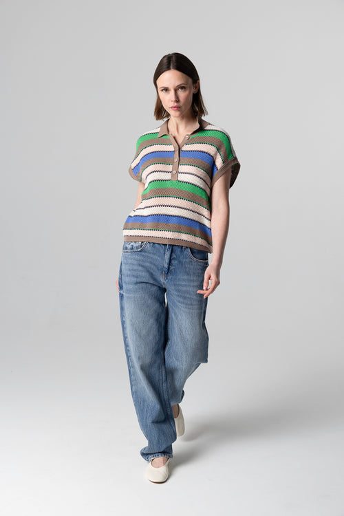 Sleeveless multi-coloured striped cotton polo shirt - MAJESTIC FILATURES