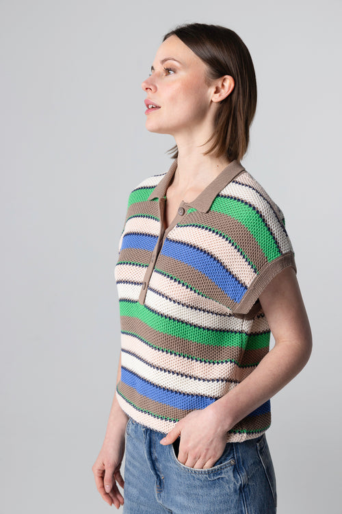 Sleeveless multi-coloured striped cotton polo shirt - MAJESTIC FILATURES