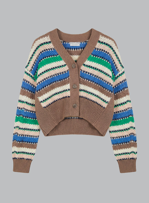 Multicolored Striped V-Neck Long-Sleeve Cotton Cardigan - MAJESTIC FILATURES