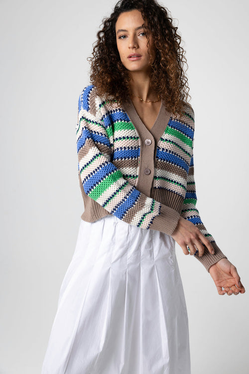 Chaleco a rayas multicolor con cuello en V y mangas largas de algodón - MAJESTIC FILATURES