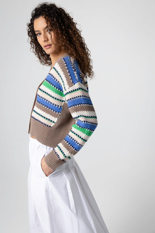 Multicoloured striped V-neck long-sleeved cotton cardigan - MAJESTIC FILATURES