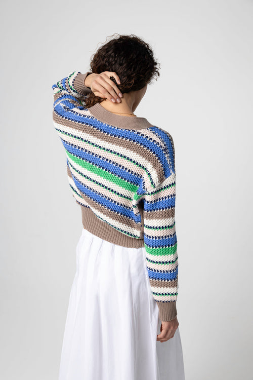 Multicoloured striped V-neck long-sleeved cotton cardigan - MAJESTIC FILATURES