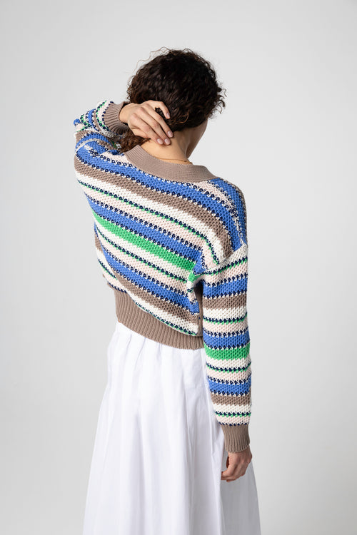 Gilet rayé multicouleur Col V Manches Longues en Coton - MAJESTIC FILATURES