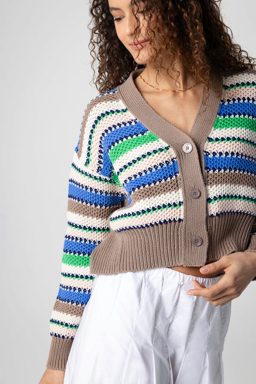 Multicoloured striped V-neck long-sleeved cotton cardigan - MAJESTIC FILATURES