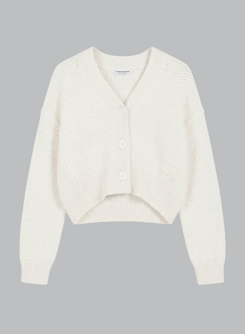 V-neck Long-Sleeve Cotton Cardigan in Milk - MAJESTIC FILATURES
