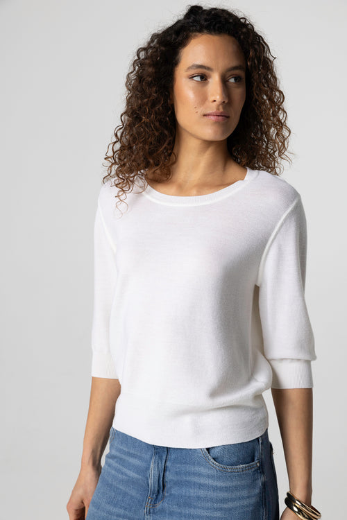 Pull Blanc Col Rond Manches Coudes en Laine merinos extrafine - MAJESTIC FILATURES