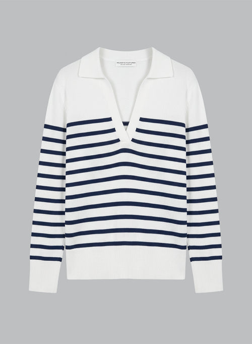 Gestreiftes Polohemd mit Dreiviertelärmeln aus Leinen - MAJESTIC FILATURES