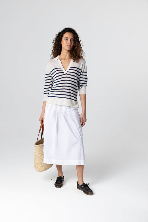 Blue Striped Polo Shirt with Three-Quarter Sleeves in Linen - MAJESTIC FILATURES