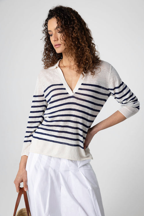 Blue Striped Polo Shirt with Three-Quarter Sleeves in Linen - MAJESTIC FILATURES