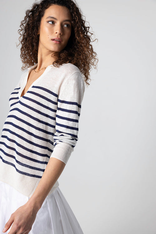 Blue Striped Polo Shirt with Three-Quarter Sleeves in Linen - MAJESTIC FILATURES