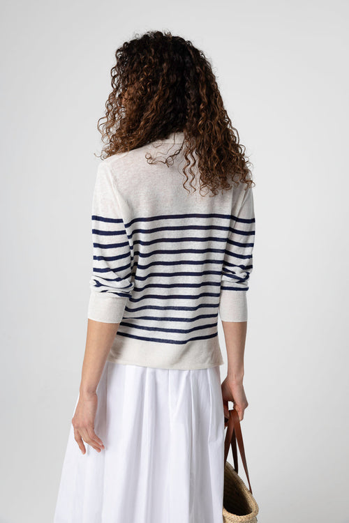 Blue Striped Polo Shirt with Three-Quarter Sleeves in Linen - MAJESTIC FILATURES