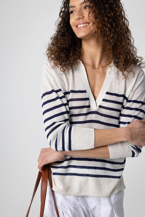 Blue Striped Polo Shirt with Three-Quarter Sleeves in Linen - MAJESTIC FILATURES