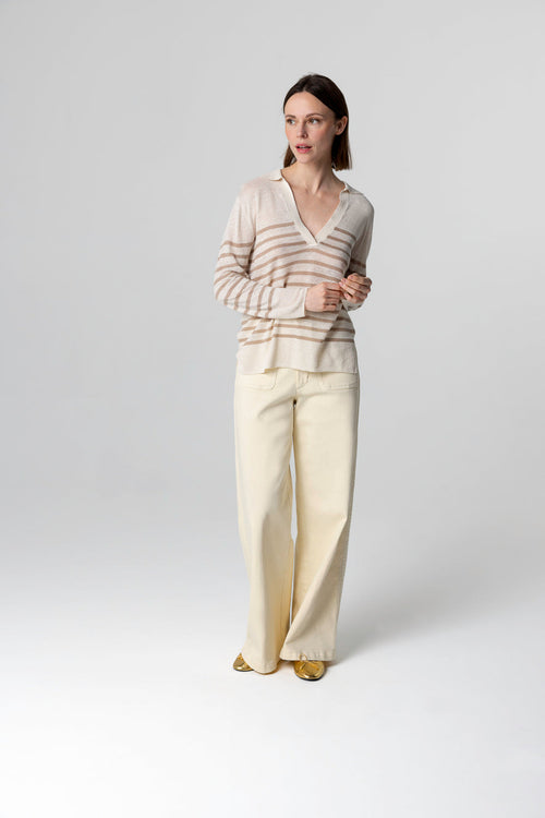 Striped Desert Polo Shirt with Three-quarter Sleeves in Linen - MAJESTIC FILATURES