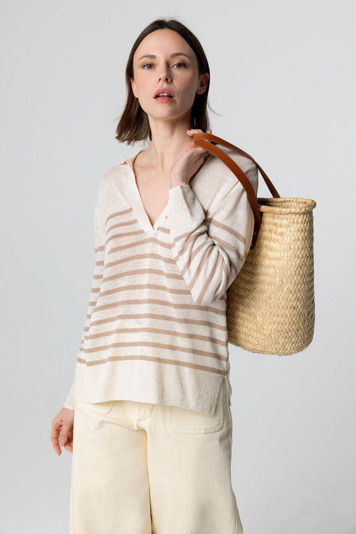 Striped Desert Polo Shirt with Three-quarter Sleeves in Linen - MAJESTIC FILATURES