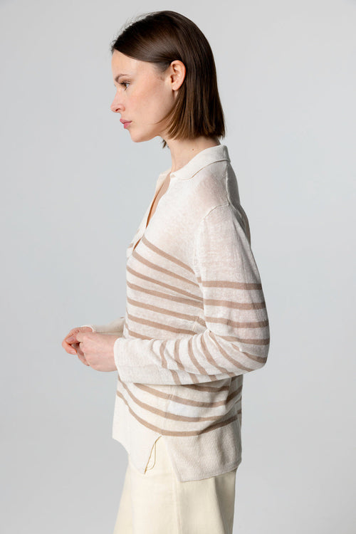 Striped Desert Polo Shirt with Three-quarter Sleeves in Linen - MAJESTIC FILATURES