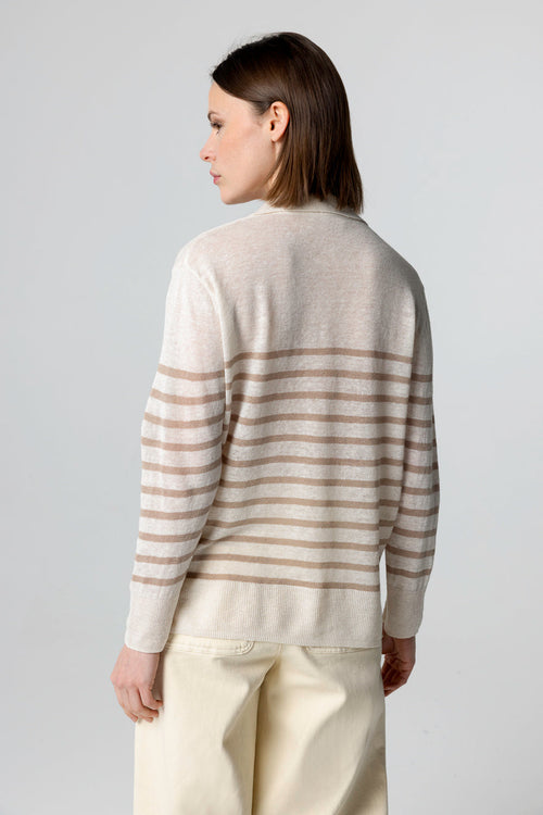 Striped Desert Polo Shirt with Three-quarter Sleeves in Linen - MAJESTIC FILATURES