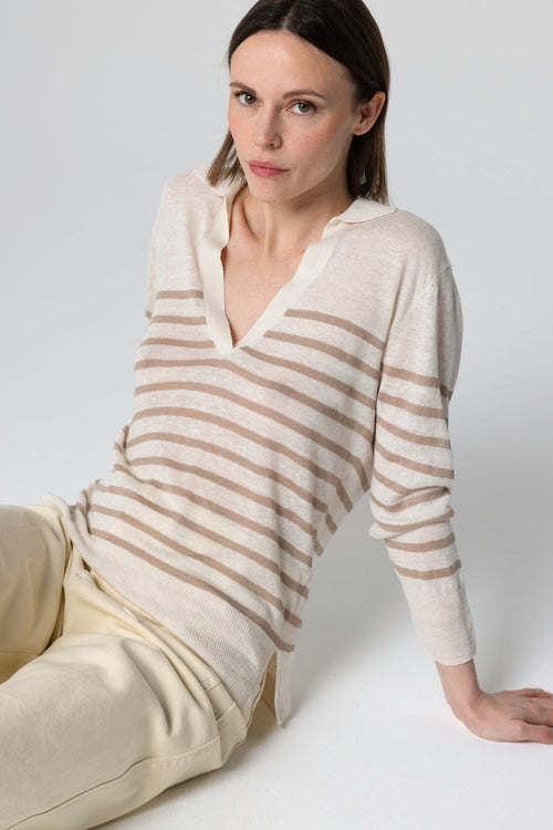 Striped Desert Polo Shirt with Three-quarter Sleeves in Linen - MAJESTIC FILATURES