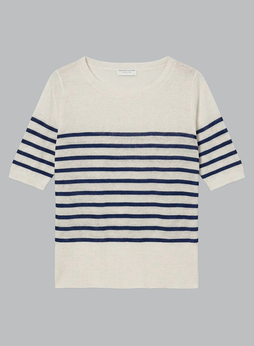 Pullover Blue Moon Gestreift Rundhalsausschnitt Ärmel Ellbogen aus Leinen - MAJESTIC FILATURES
