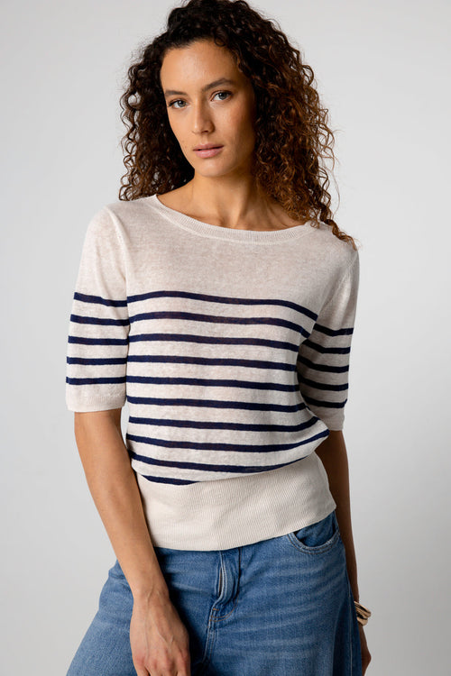 Blue Moon Striped Sweater Round Neck Elbow Sleeves in Linen - MAJESTIC FILATURES