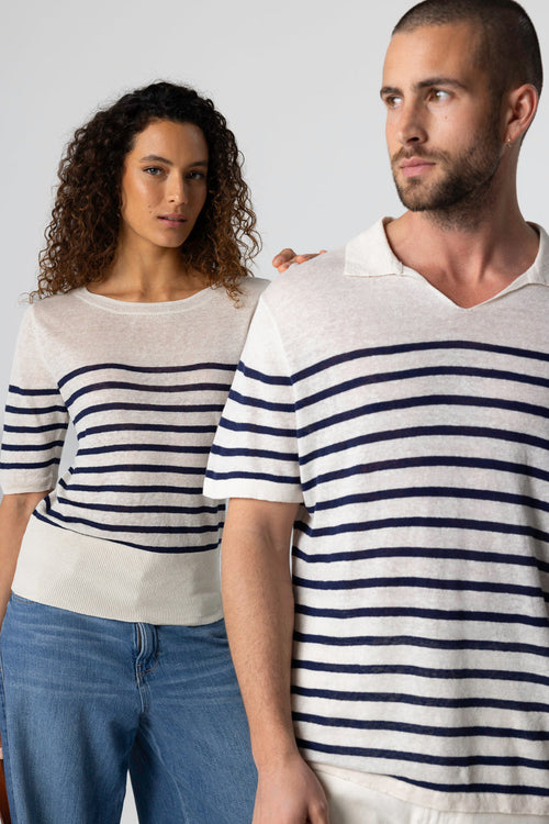 Blue Moon Striped Sweater Round Neck Elbow Sleeves in Linen - MAJESTIC FILATURES