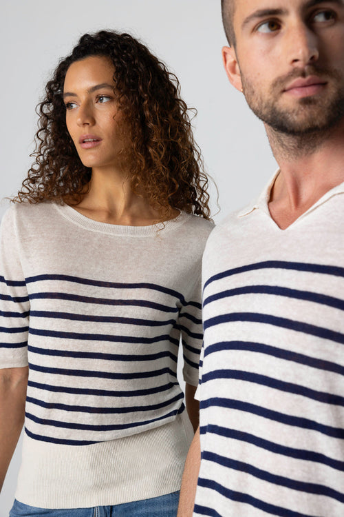 Blue Moon Striped Sweater Round Neck Elbow Sleeves in Linen - MAJESTIC FILATURES